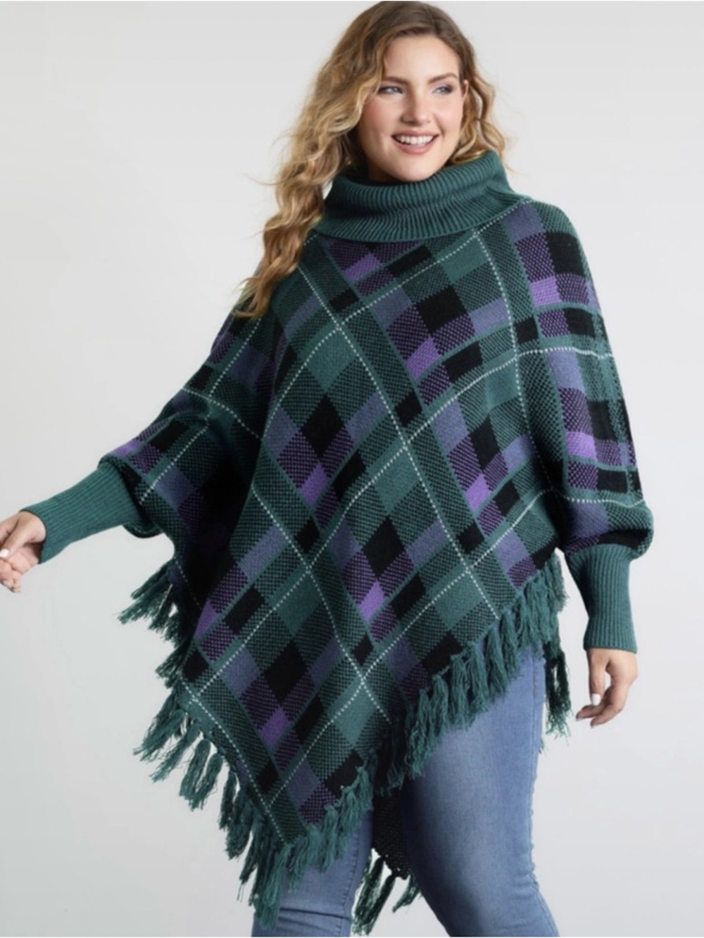 BloomChic Plaid Turtleneck Fringe Poncho - Teal, Purple & Black